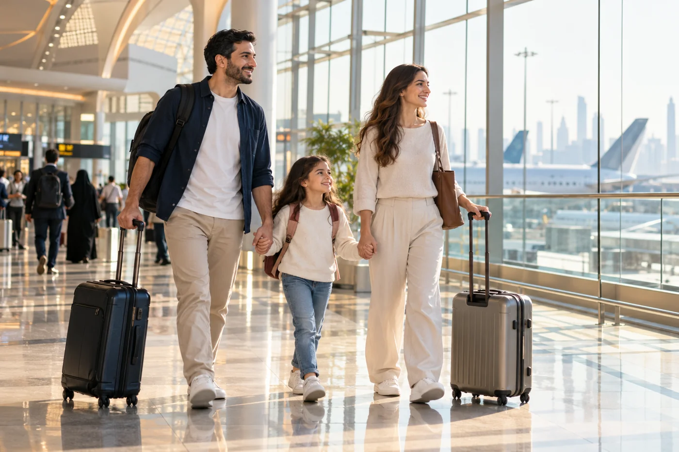 Illustrative family travelling through an airport