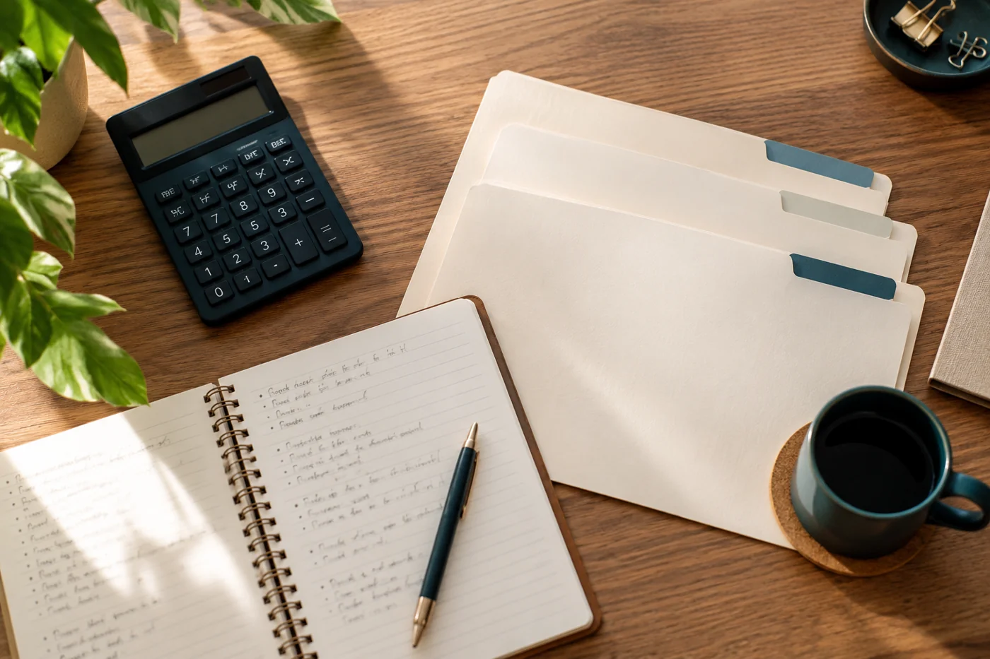 Illustrative calculator and separate document folders for cost planning