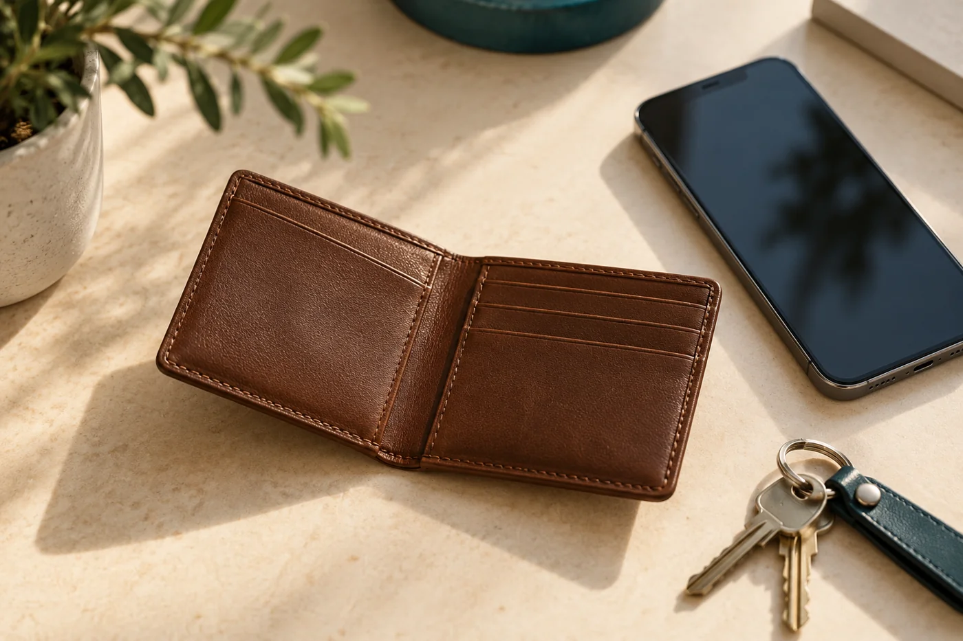 Illustrative empty card wallet and personal belongings