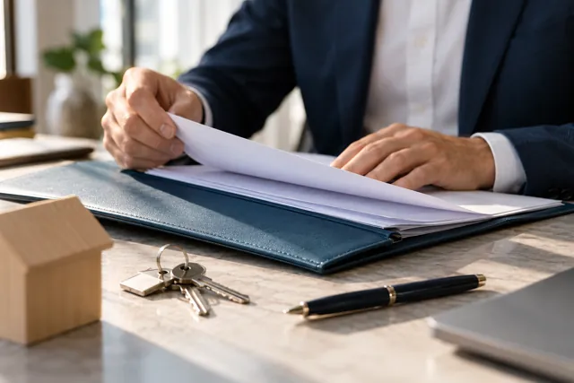 Illustrative mortgage folder, house keys and lender paperwork