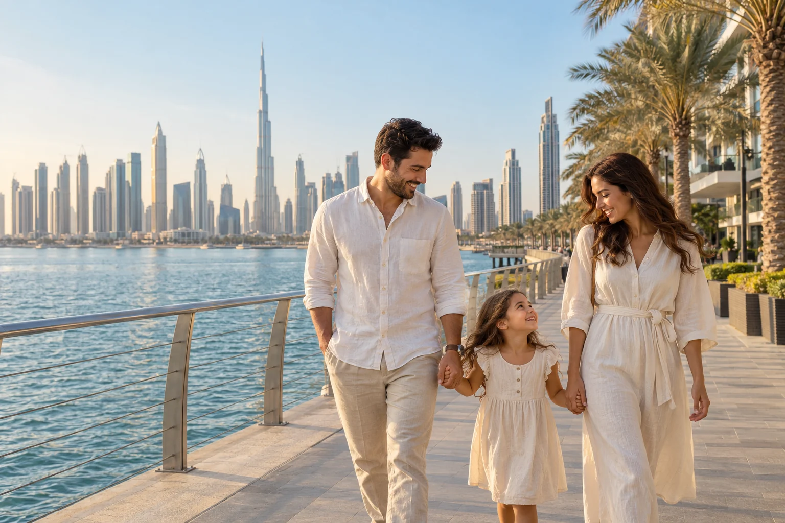 Illustrative family walking together beside a sunlit UAE waterfront